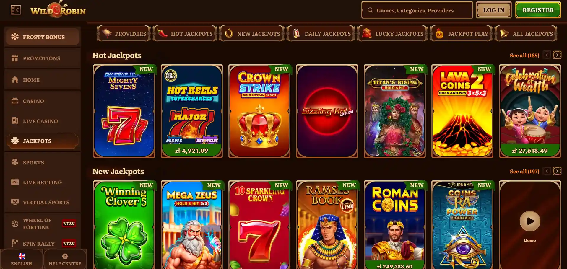 Ενότητα παιχνιδιών του WildRobin Casino