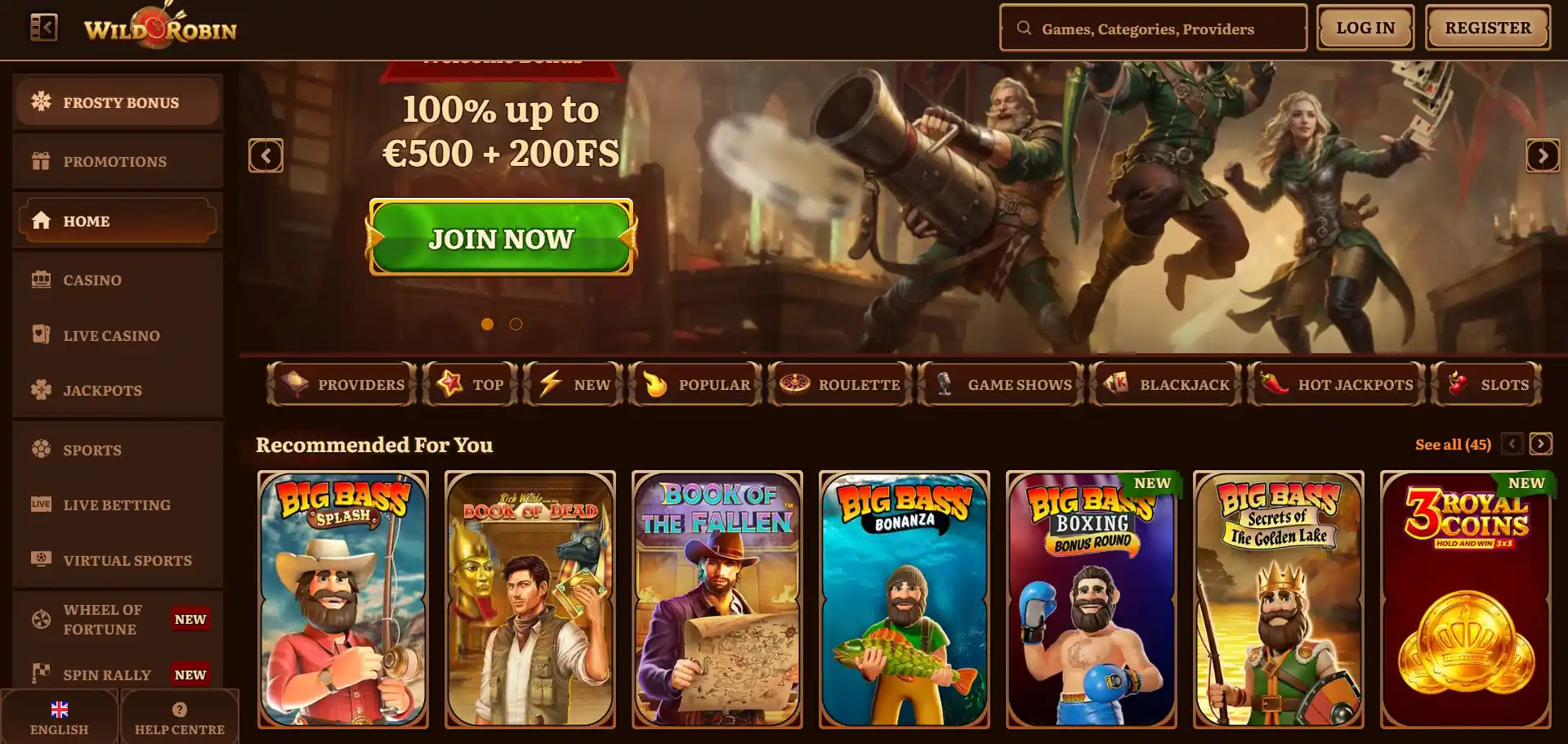 Καζίνο WildRobin ενότητα μενού