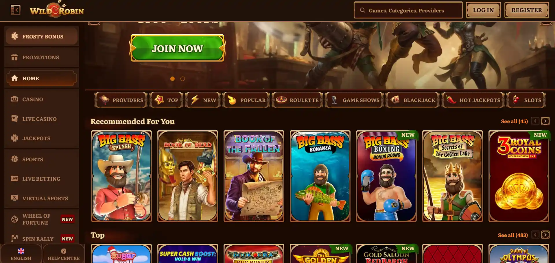 WildRobin Casino Menübereich