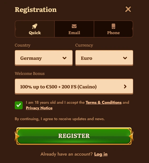 WildRobin Casino Registrierungsbereich